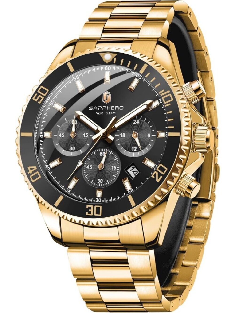 Men's Gold Strap Black Face Chronograph Stainless Steel Waterproof Wrist Watches